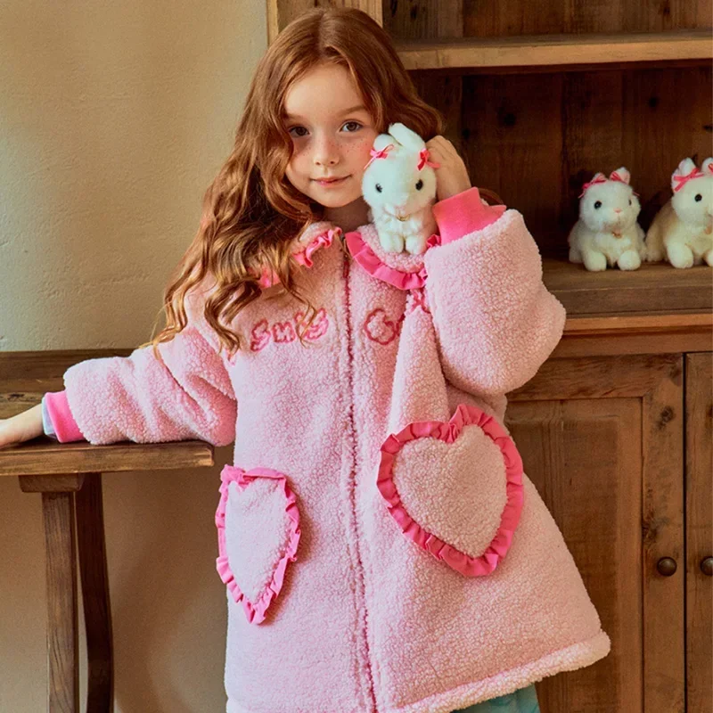 Корейская зимняя детская верхняя одежда 2024 милые теплые пальто из овечьей шерсти