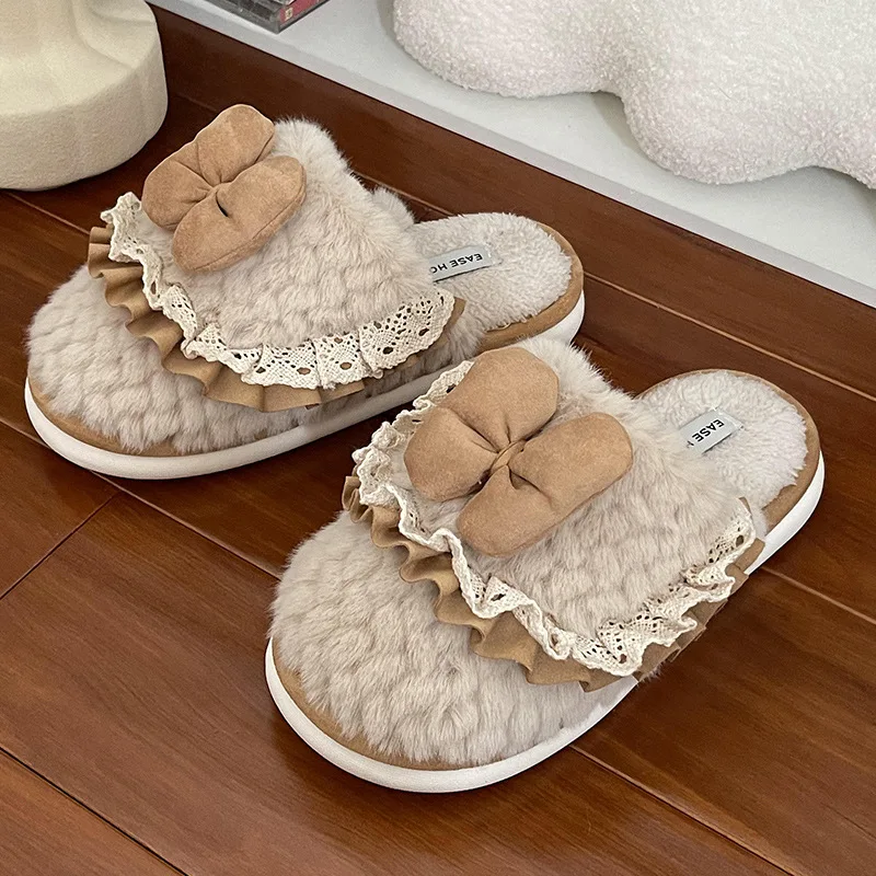 Winter Warm Plush Slippers Cute Bowknot Designer House Women Fur Slides Slippers Female Man Floor Mute Unisex Indoor Fluffy Shoe