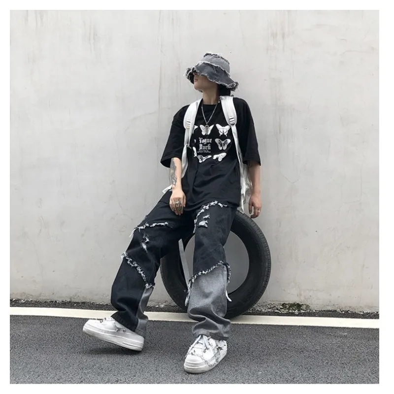 Splicing Men's Jeans Women's Pants Youth Flanging Trendyol 2022 Trends Clothes Casual Printed Man Trousers Streetwear Baggy