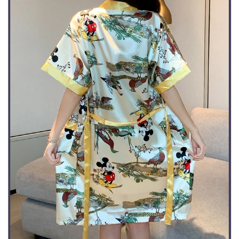 Disney Mickey Casual Women Silk Stain Bathrobe Yellow Bride Bridesmaid Wedding Robe Set Loose Sleepwear Home Clothes Nightwear