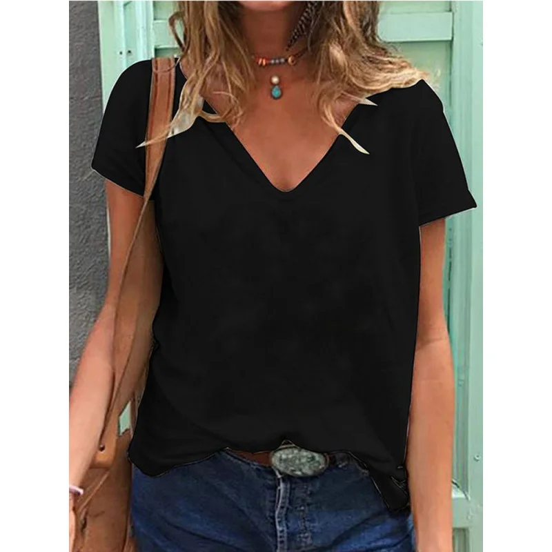 

2023 Summer Casual Womens T Shirt Tops V-neck Solid Colour Short-sleeve Tees Outdoor Women T-shirt Loose Clothing Y2k