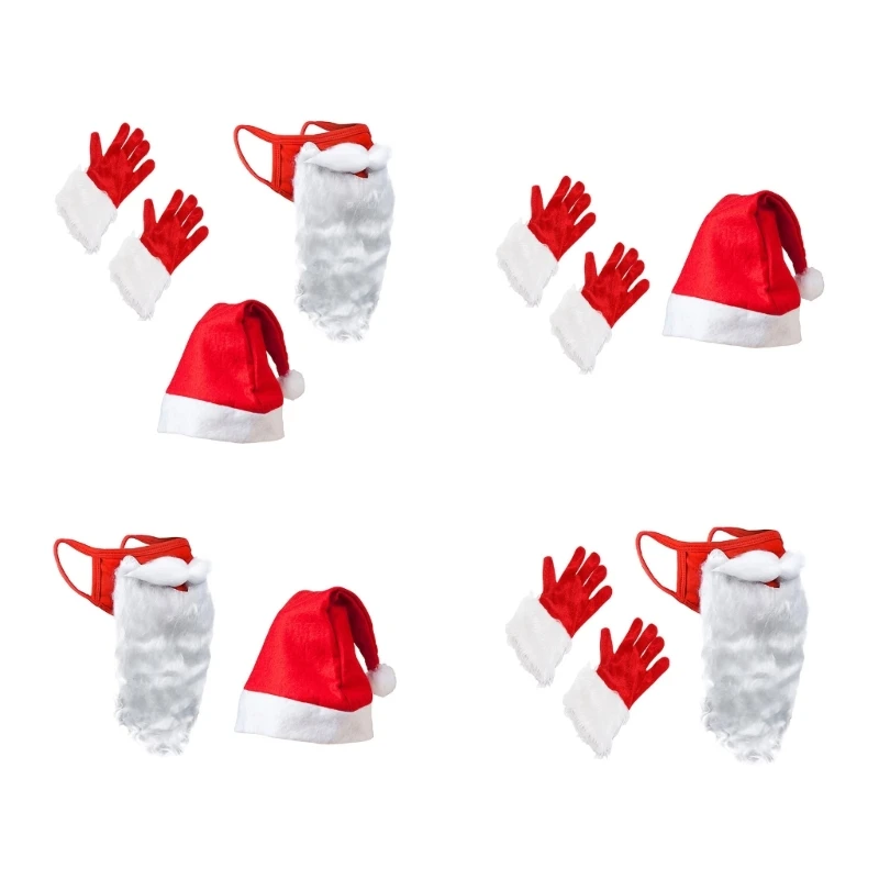 

Adult Kids Plush Santa Hat with Cute Beard Mask Gloves Traditional Red Plush Christmas Santa Hat for New Year Presents