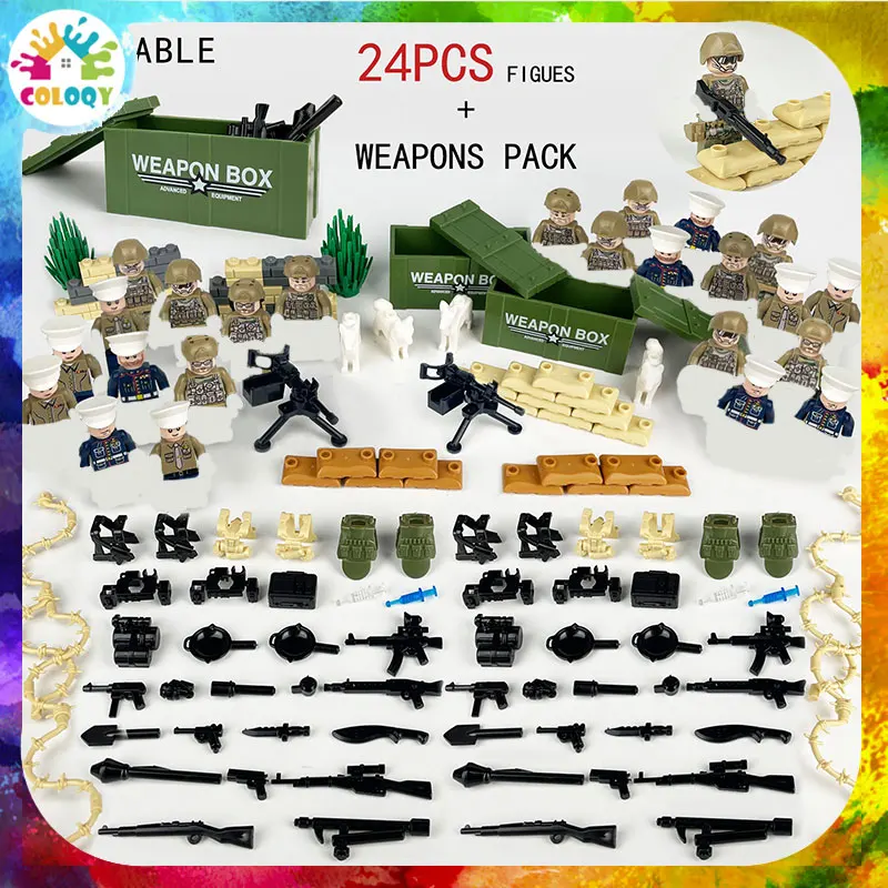 

Children's Toy Building Blocks WW2 Military Soldier figurines paired with weapon accessories for battlefield war scenes