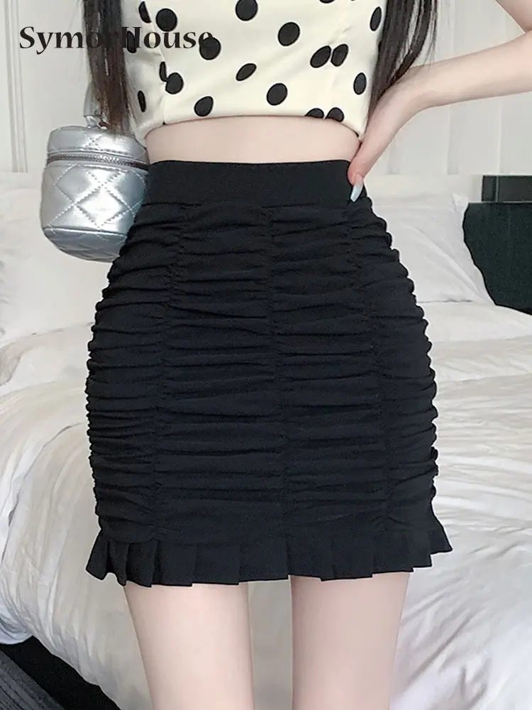 

Юбка-карандаш Женская плиссированная с завышенной талией, модная облегающая офисная элегантная мини-юбка в Корейском стиле, черная, на лето-осень