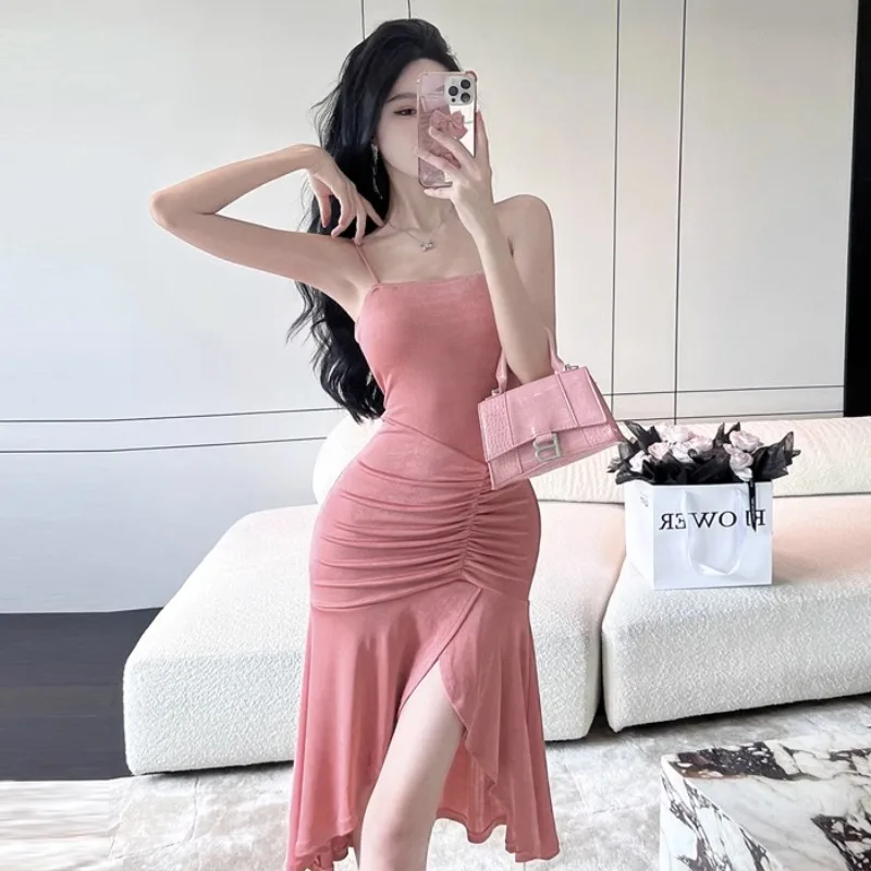 

Women's Dress Side-Slit Shirring Off Shoulder Knee-Length Dresses Spaghetti Strap Slash Neck Trumpet Vestidos Dropship