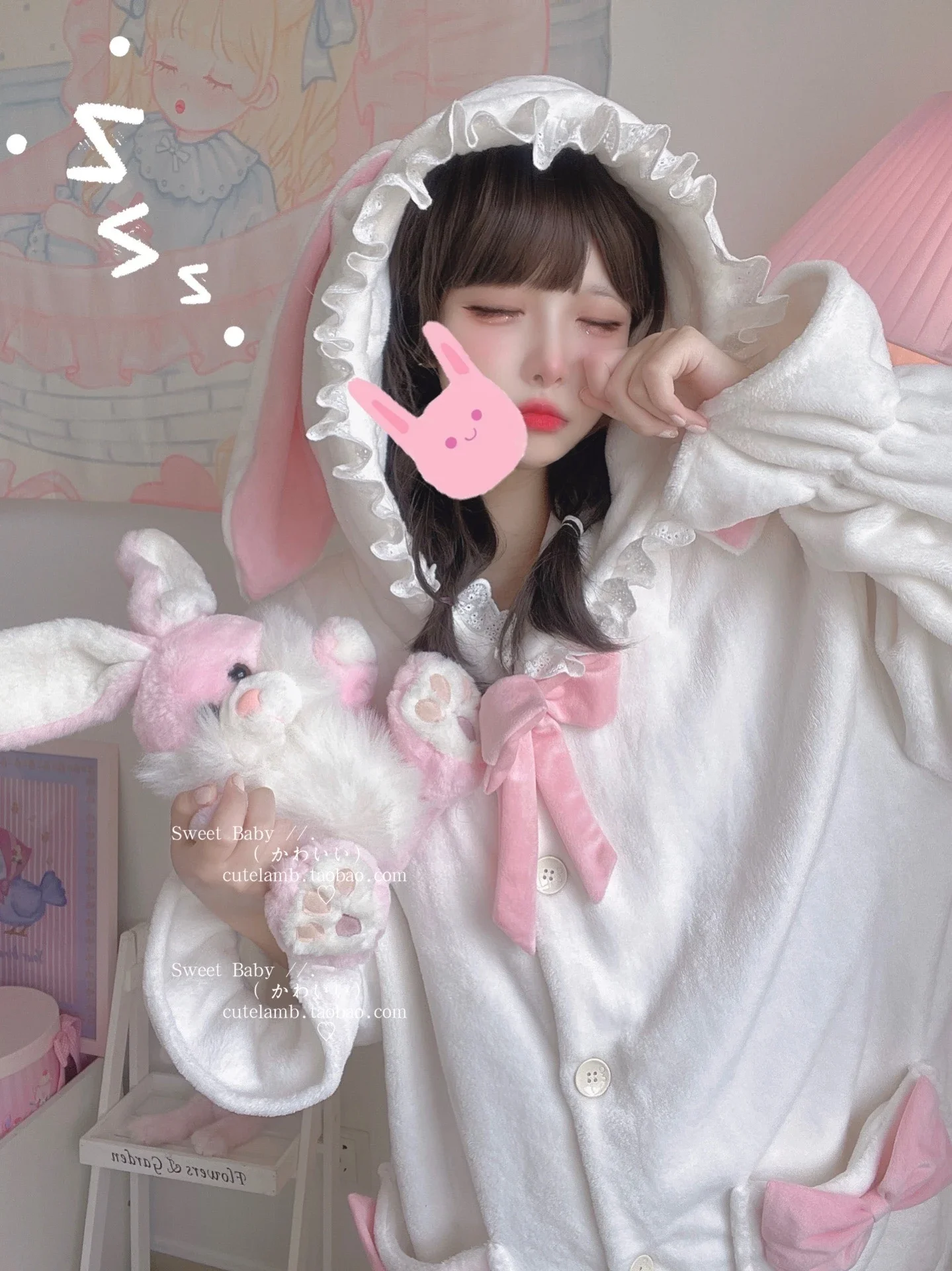 Милый костюм из двух предметов с кроликом Фланелевая пижама капюшоном