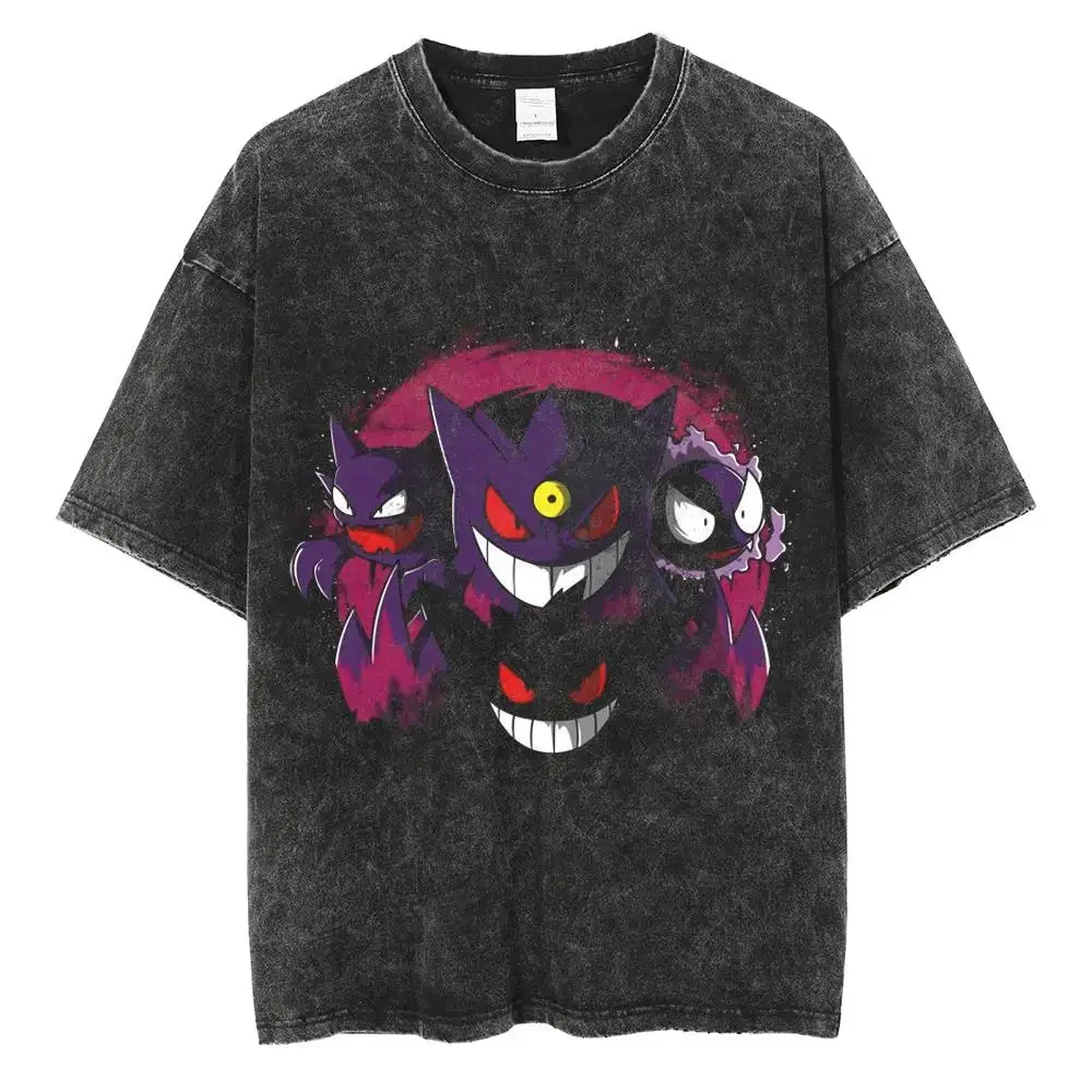 

Винтажные Промытые футболки с покемоном Gengar, женская футболка, Повседневная футболка из 100% хлопка в стиле хип-хоп для мужчин, летние женские топы, футболка
