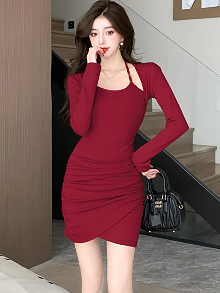 Весеннее красное лоскутное мини-платье из двух частей женское элегантное