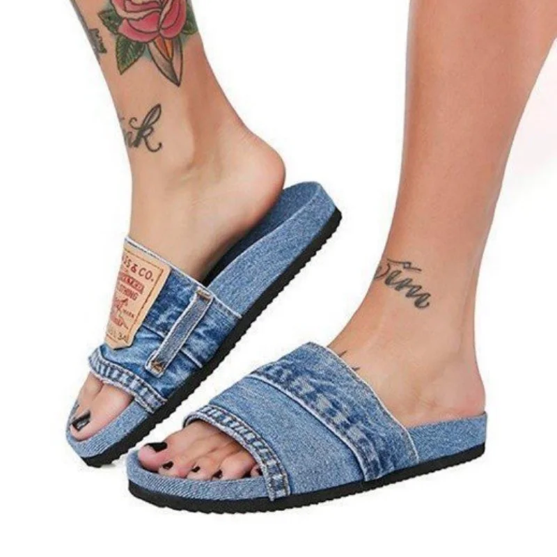 2023 NEW Denim Slipper Female Shoes Non-slip Comfortable Summer Flat Slippers Woman Slides Outdoor Beach Casual Shoes Women