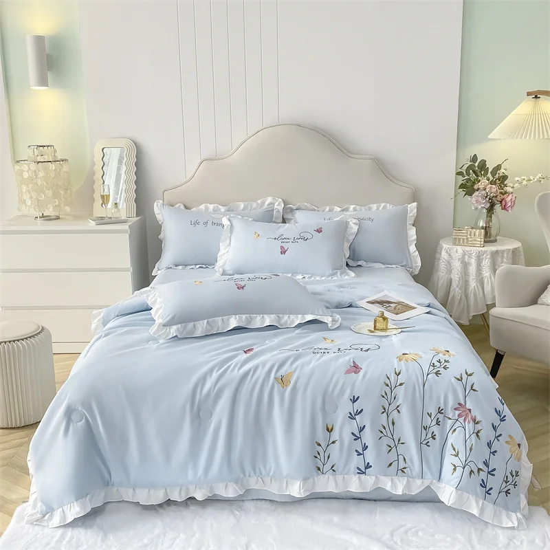 

4pcs Embroidered Stitch blanket home Linens Couple bed quilt summer Duvet bedding set Bedspread on the bed plaid bed sheet set