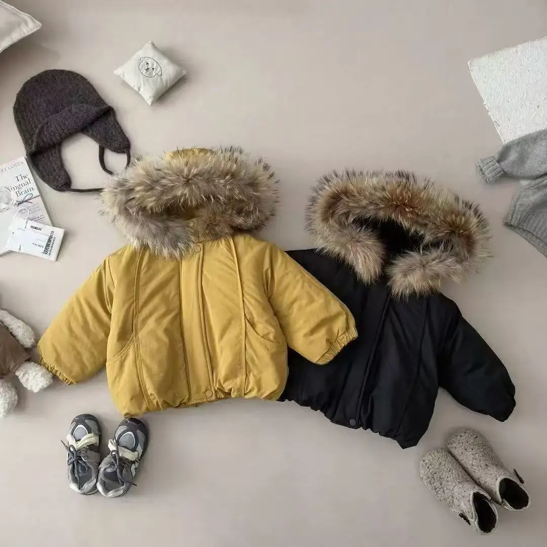 Фото Зимнее детское хлопковое пальто с подкладкой, модная куртка с воротником из искусственного меха, теплая верхняя одежда на флисовой подкладке для мальчиков и девочек ростом 80-140 см №5
