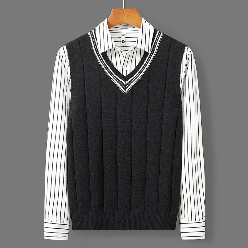 Knitted Sweater Vest Men V-neck Sleeveless Knitted Sweaters Vests Retro Preppy-style Simple Chic Loose Casual All-match