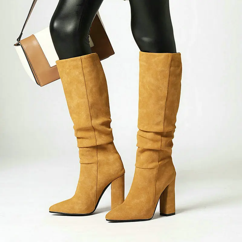 

Faux Suede Women Knee High Boots Fashion Pointed Toe Square High Heel Ladies Winter Boots Slip on Female Shoes Black Yellow Gray