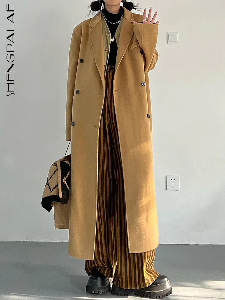 

SHENGPALAE модное женское Шерстяное Пальто с зубчатым воротником, двубортное однотонное пальто, верхняя одежда, осень 2023, новый тренд 5R4921