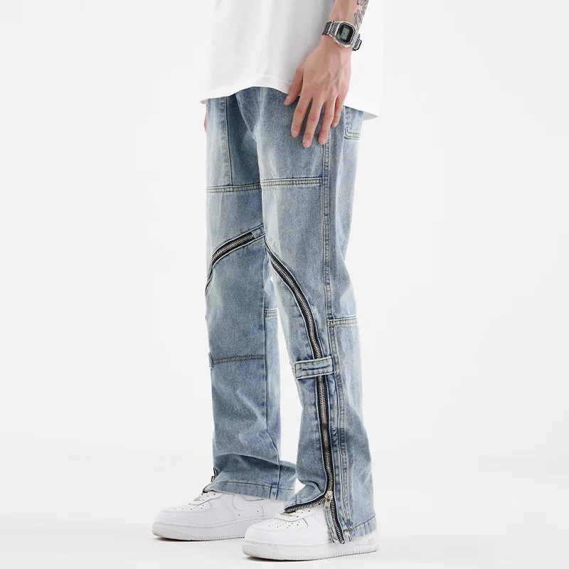 Men's Jeans Legs Arc Zipper Jeans Loose Design Sense Zipper Straight Pants Hip-hop Wide-leg Pants Ins Hot Sale Streetwear Men