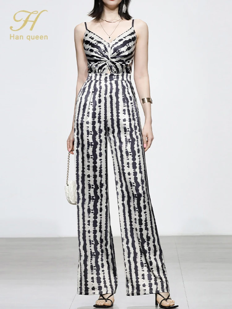 

H Han Queen 2022 New Summer Fashion Slim Shawl & Jumpsuits Women Casual Retro Rompers Elegant Printing Office Lady Siamese Pants
