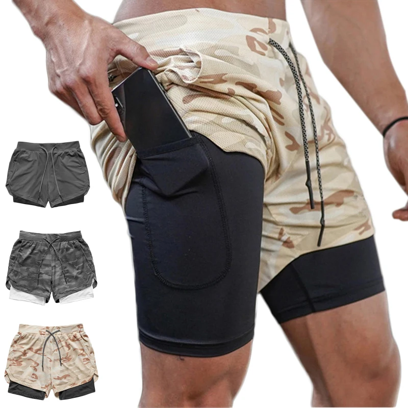 Outdoor Camo Running Shorts 2 In 1 Double-Deck Quick Dry Fitnes Jogging Workout Men Sports Short Pants Easy To Carry Sweat Towel