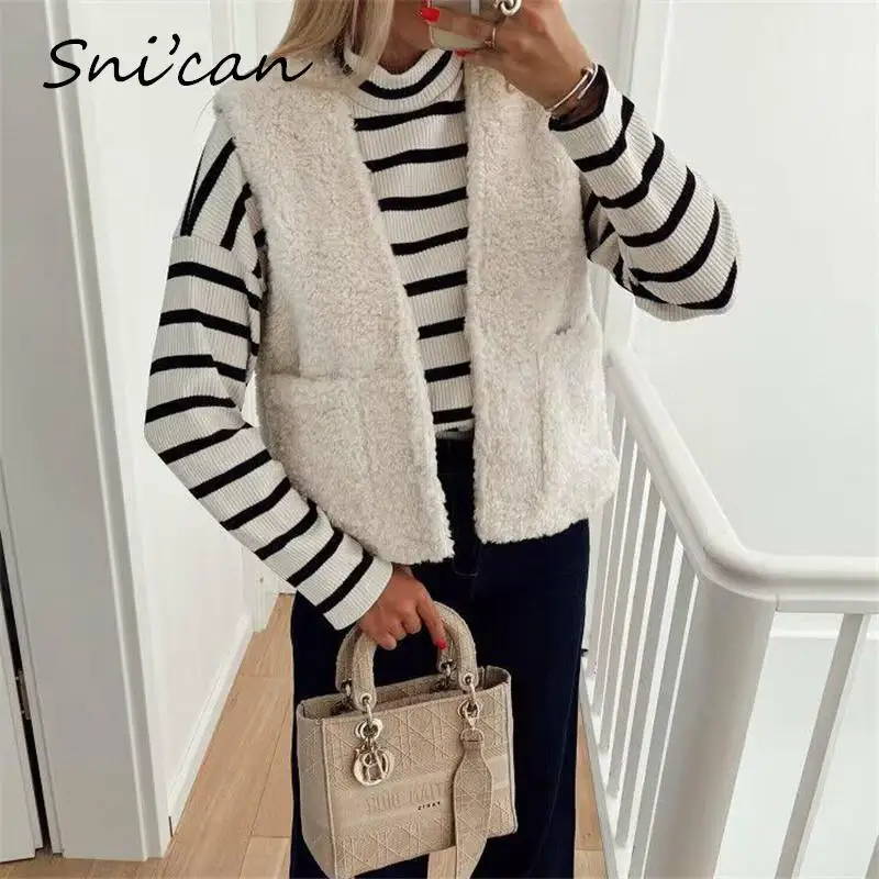 

Однотонный бежевый теплый зимний жилет, модное зимнее пальто с V-образным вырезом, без рукавов, оверсайз, повседневная женская верхняя одежда, женские шикарные топы, куртка Snican