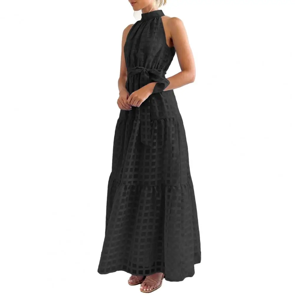 

Halter Sleeveless Women Dress Summer 2023 Grid Texture Tie Waist A-Line Ruffle Stitching Hem Solid Color Maxi Dress Streetwear