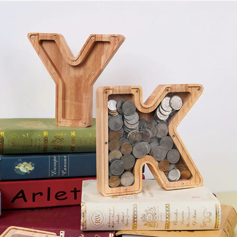 

26 Letter Wooden Piggy Bank with Sticker Saving Box Jar Coins Box Transparent Money Box for Desktop Ornament Home Decor Birthday
