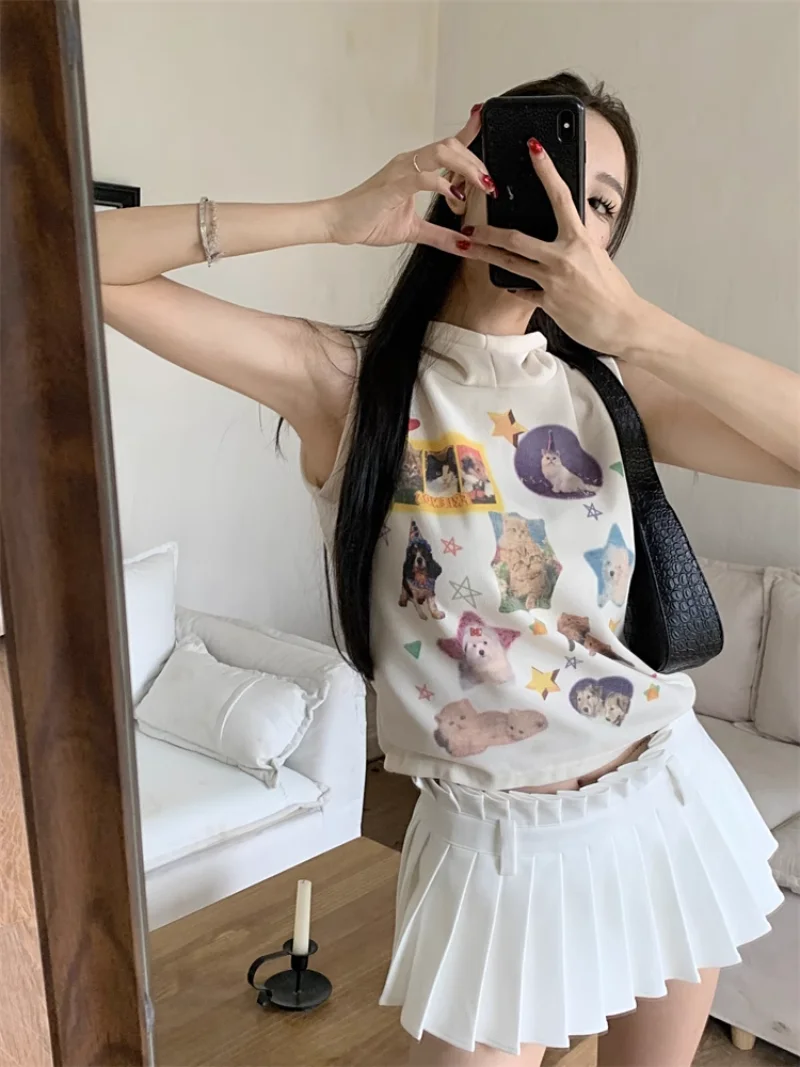 

Cat Print American Retro Kawaii Sleeveless Tshirts Women Hooded Short Length Tanks Top Y2k Summer Slim Tees Harajuku Camisetas