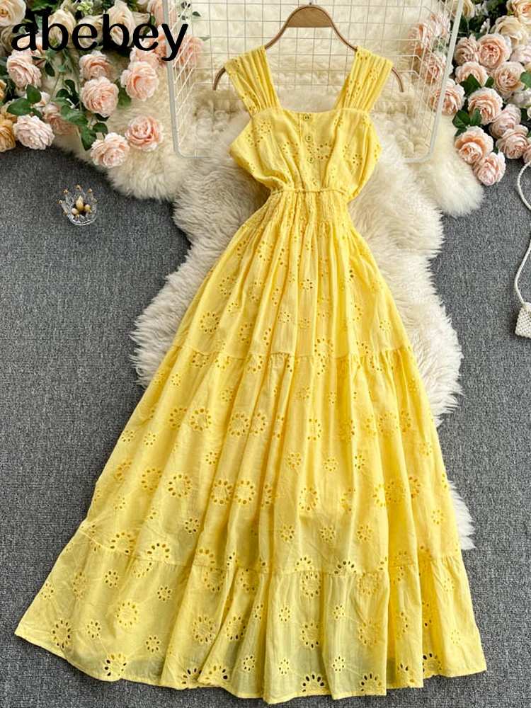 

Women White/Yellow/Blue Hollow Out Party Long Dress Vintage Square Collar Spaghetti Strap Vestidos Female A-Line Robe Summer New