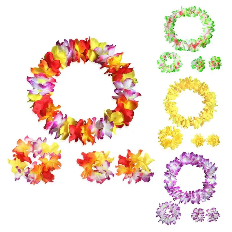 

Girls Birthday Leis Set For Luau Hawaiian Party Decor Lei Headband Wristband Necklace 4Pcs/Set Outfit Flower Party Supply