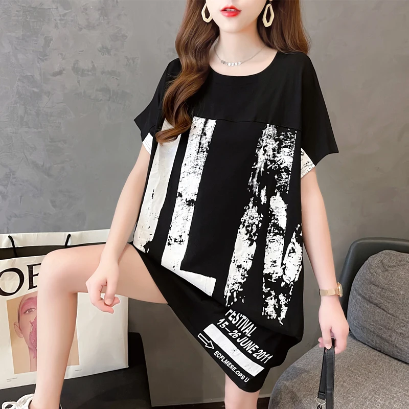 

DAYIFUN Black White Grey Casual Long T Shirt Tie Dyed Printed Korean Cotton Tees Harajuku Summer Short Sleeve Streetwear Tshirt