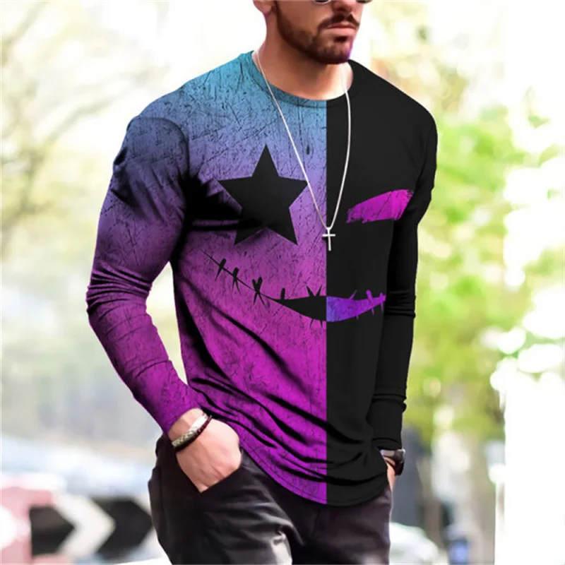 

Fashion Men Patch Stitch T Shirt Hip Hop 2021Autumn New Mens Streetwear Tshirt Funny Print Harajuku Long Sleeve Oversize T-Shirt
