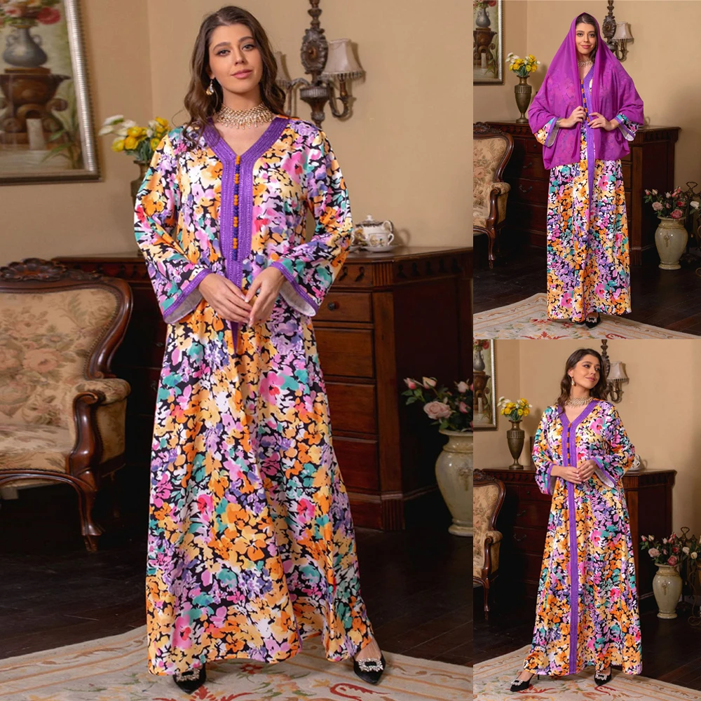 Ramadan Abaya Arab Evening Long Dress Women Floral Print Muslim Ramadan Moroccan Kaftan Dubai Saudi Jalabiya Colorful Abayas