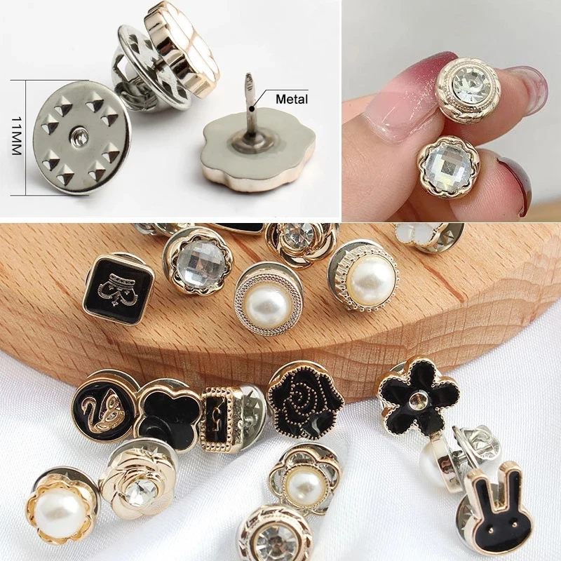 10Pcs Free Sewing Pearl Rhinestone Button Brooch Prevent Accidental Exposure Buttons Brooches Pins Badge Cufflinks Shirt Button images - 6