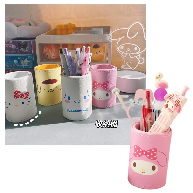 

Kawaii Anime My Melody Cinnamon Purin Dog KT Cat Desktop Round PU Pen Holder Cartoon Cute Makeup Brush Holder Storage Bucket