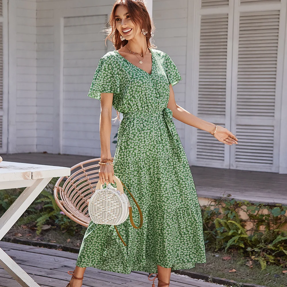 

2023 Summer Floral Print A-line Long Dress Streetwear Fashion Elegant 2023 Women's V-ecnk Short Sleeve Boho Beach Dresses Female