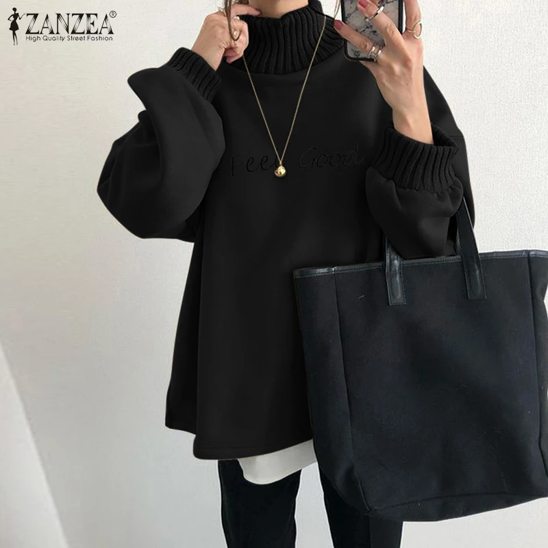 

Spring Autumn Oversized Hoodies ZANZEA Solid Long Sleeve Pullover Casual Patchwork Print Tops Women Casual Turtleneck Sweatshirt