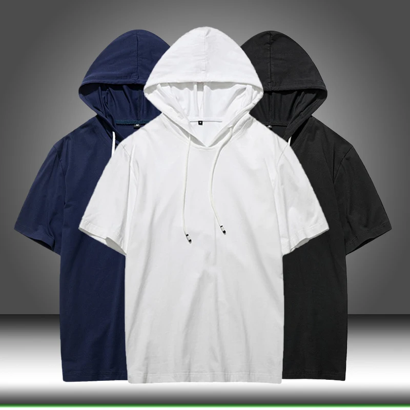 

5212 T-shirt Casual Solid Loose Hooded Tops Tees Shirts Mannelijke Nieuwe Sportkleding Hoodie Korte Mouwen Heren