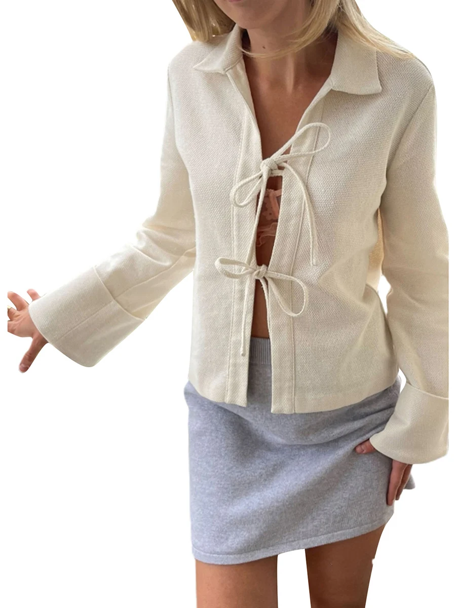 

Women Coat Tops Lapel Neck Long Sleeve Soild Color Button Down Knitted Cropped Cardigans