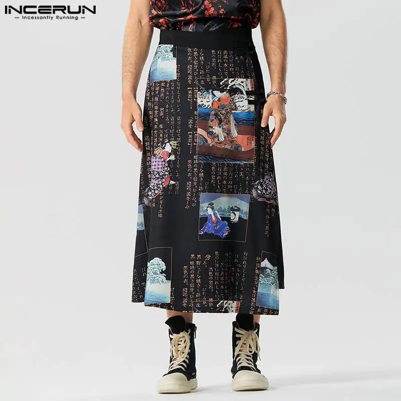 

INCERUN Men Skirts Printing Chinese Style Vintage Loose Irregular Skirts Pants Streetwear 2023 Retro Casual Men Bottoms S-5XL