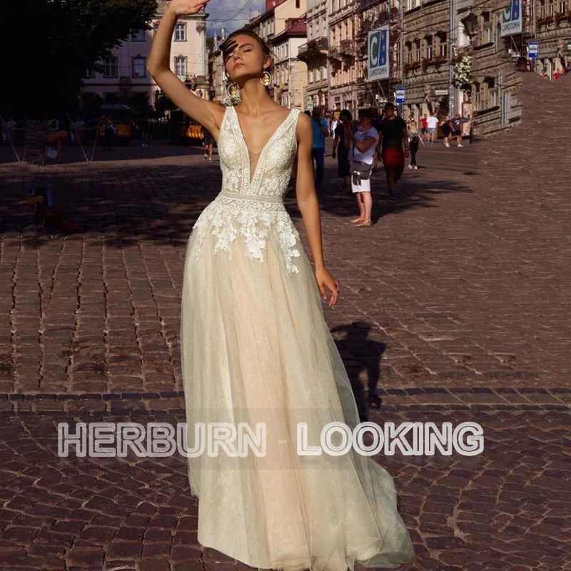 

HERBURNL Tulle V-neck Backless Custom Made Princess A-line Wedding Dresses For Women 2022 Lace Apliques Vestido Robe De Mariée