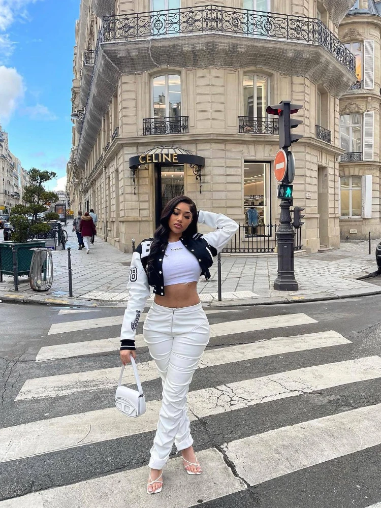 

Streetwear Leather Full Sleeve Women Slim High Waist Jacket Casual Button Embroidered Elastic Double Thread Baseball Uniform