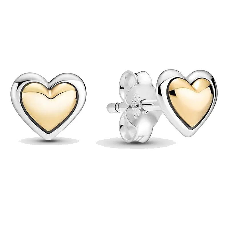 

Original Domed Golden Shine Heart Stud Earrings For Women 925 Sterling Silver Wedding Gift Pandor Jewelry