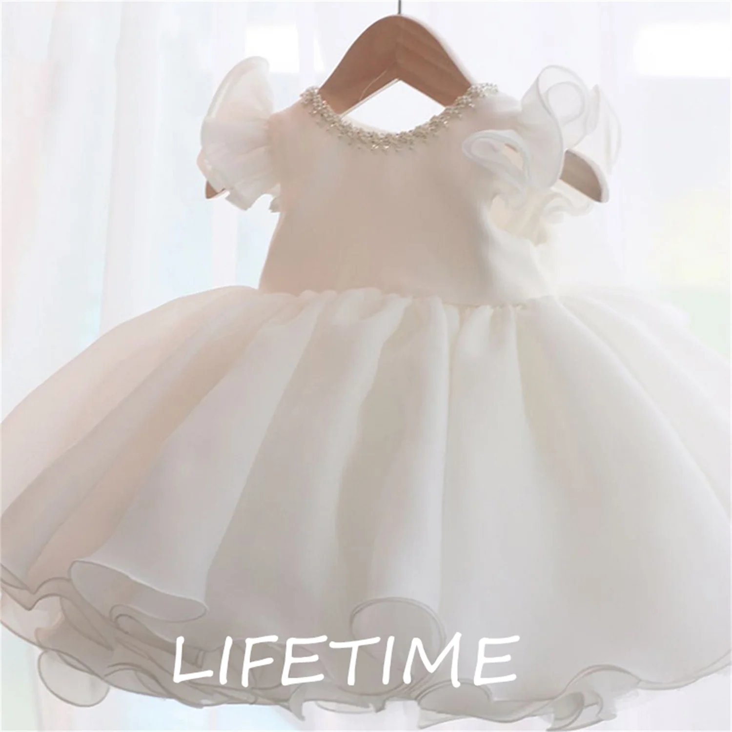 

Short Wedding Flower Girl Dress Party Child Cute Bow Princess Paste Drill O-Neck Anniversary Birthday Prom Dress Pink White
