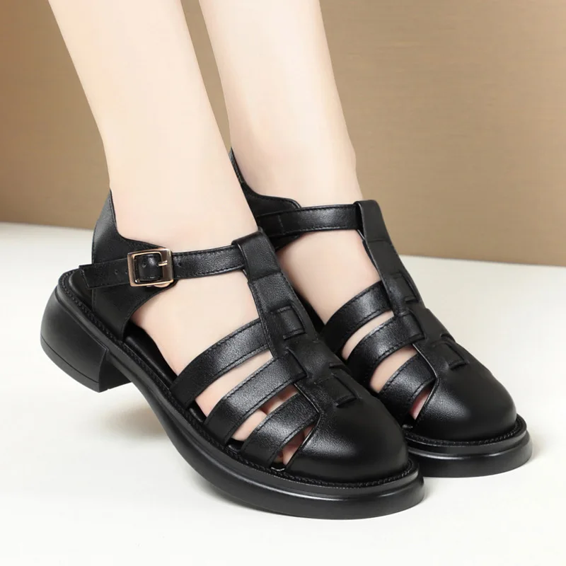 Sandals women's first layer cowhide vintage summer2023new platform pitcher shoes casual Roman non slip women's sandals luxurious