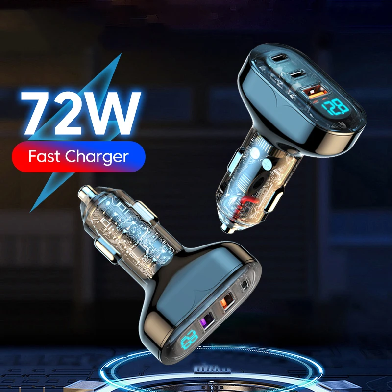 

72W Multi Port USB Car Charger Fast Charging PD Quick Charge 3.0 USB C Car Phone Charger Adapter For iPhone 13 12 Xiaomi Samsung