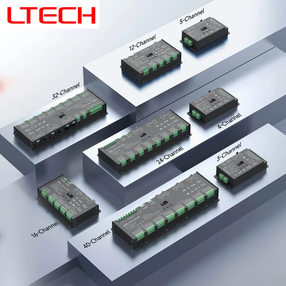 Фото Декодер LTECH DMX512 с OLED-дисплеем, 8-битный, 16-битный, 3-контактный XLR, 5-контактный XLR, RJ45, зеленый терминал, DMX-интерфейсы, макс. 40 каналов, 2880 Вт №1