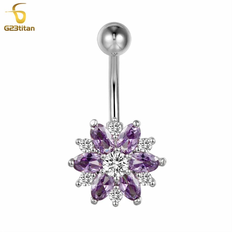Чарм Пурпурный циркон Цветок Navel Кольцо 14G 6 - 14 мм Титановая штанга Перфорация