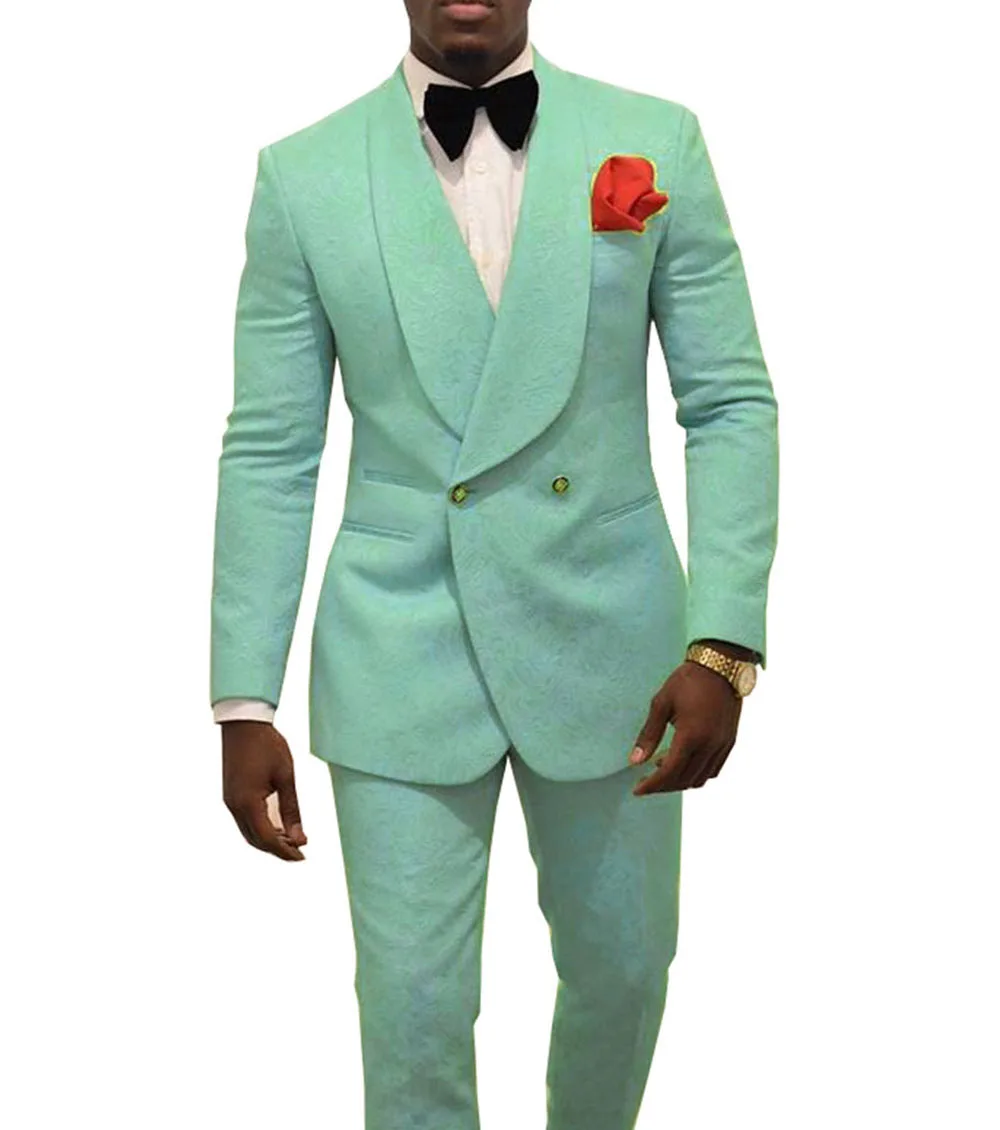 

Мятно-зеленый двубортный мужской костюм с узором смокинги для жениха свадебный костюм шаль лацкан блейзер из двух предметов + брюки