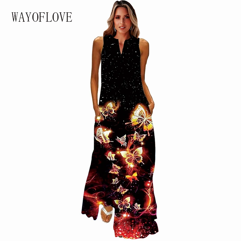 

WAYOFLOVE Ladies Spring Summer Long Dress Women Black Sleeveless Slim Casual Party Dresses Elegant Butterfly Print Vintage Dress