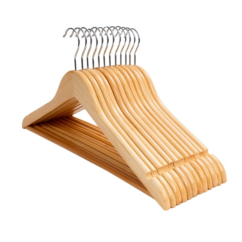 

Hot Sale Solid Wood Suit Hangers 12 Pack With Non Slip Bar And Precisely Cut Notches 360 Degree Swivel Chrome Hook Wooden Hanger