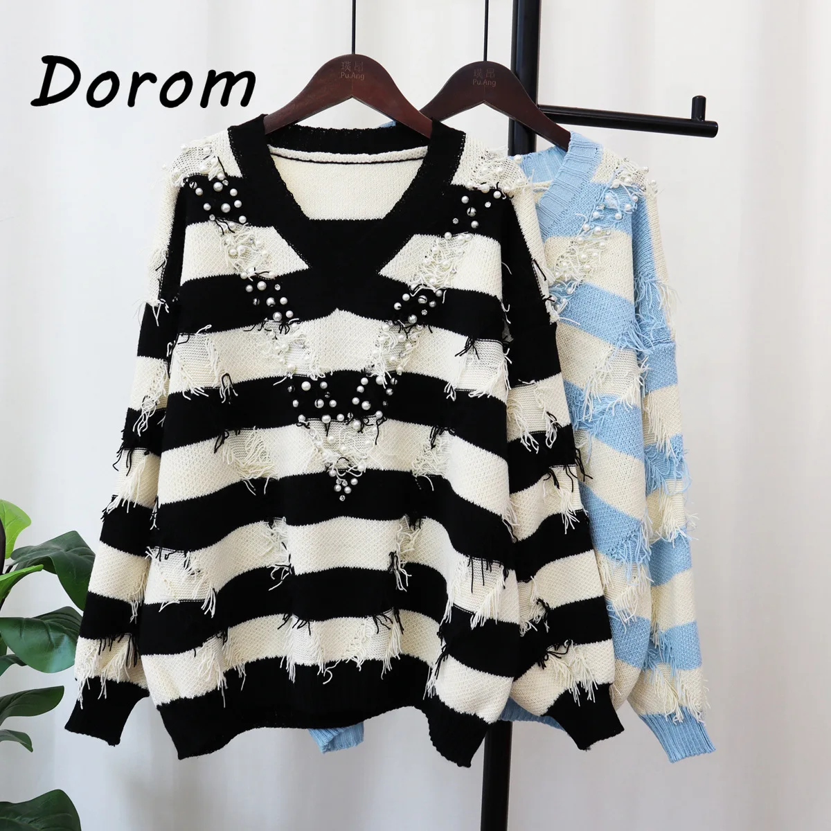 

Vintage Beading Tassel Stripe Sweater Women Grunge Y2K Autumn V-Neck Loose Oversize Knitted Pullover Harajuku Casual Jumper Tops