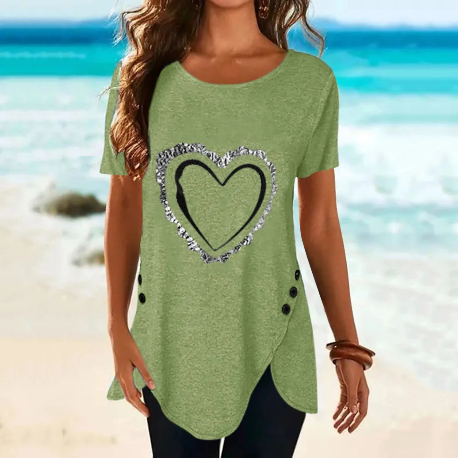 

Women Round Neck Love Print Short Sleeve Button Irregular T Shirt Top Plain Cotton T Shirts Women Sheer Puff Sleeve